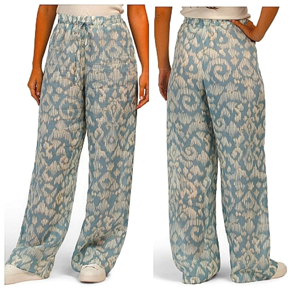 Zara Women's White Blue high waist Drawstring Wide Leg Ramie pants size Medium